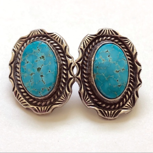 Navajo Dean Sandoval Jr. Signed Turquoise Sterling Silver Earrings